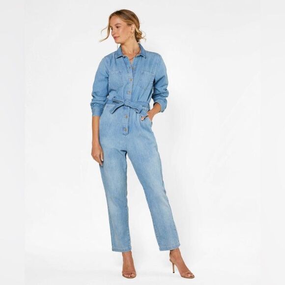 OUTERKNOWN Wyatt Long Sleeve Button Front Denim Jumpsuit Blue Size Medium New - Picture 1 of 15